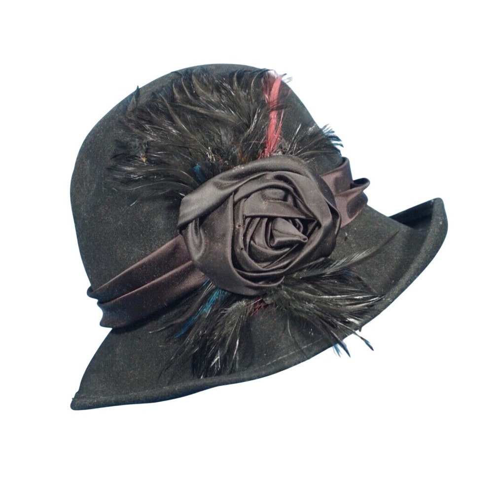 VTG Mr Charles Black Wool Felt CLOCHE HAT LADIES Feather & Satin Flower DOESKIN